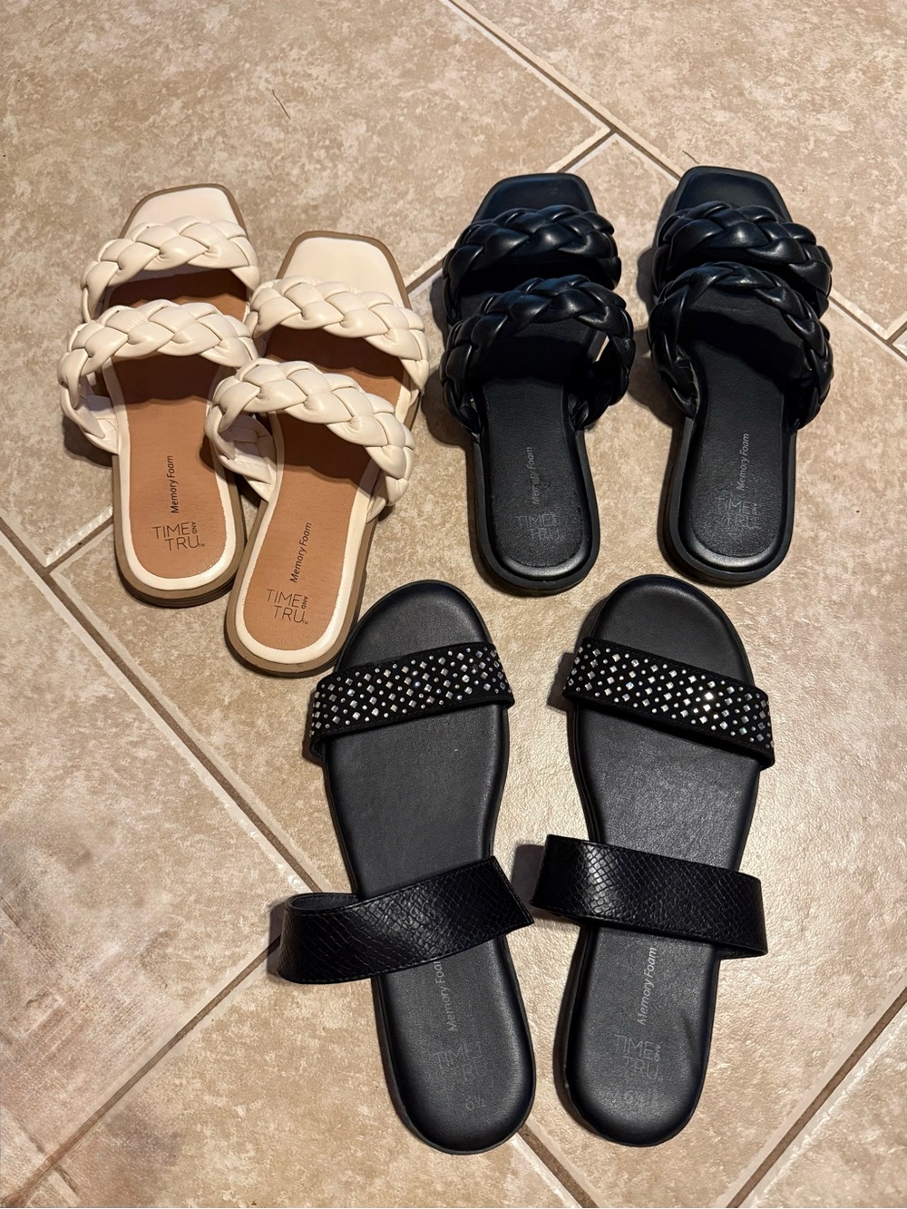 Time and Tru Cream Braided Double-Strap Slide Sandals